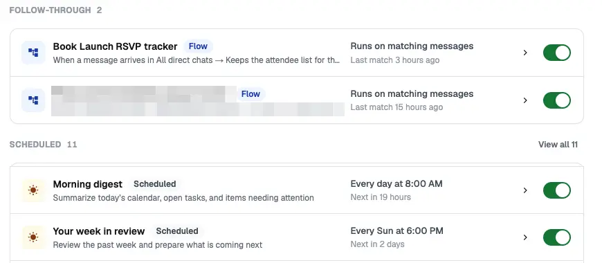 Automations page: the book launch RSVP tracker, the morning digest at 8 AM and the Sunday week in review. A private group is blurred