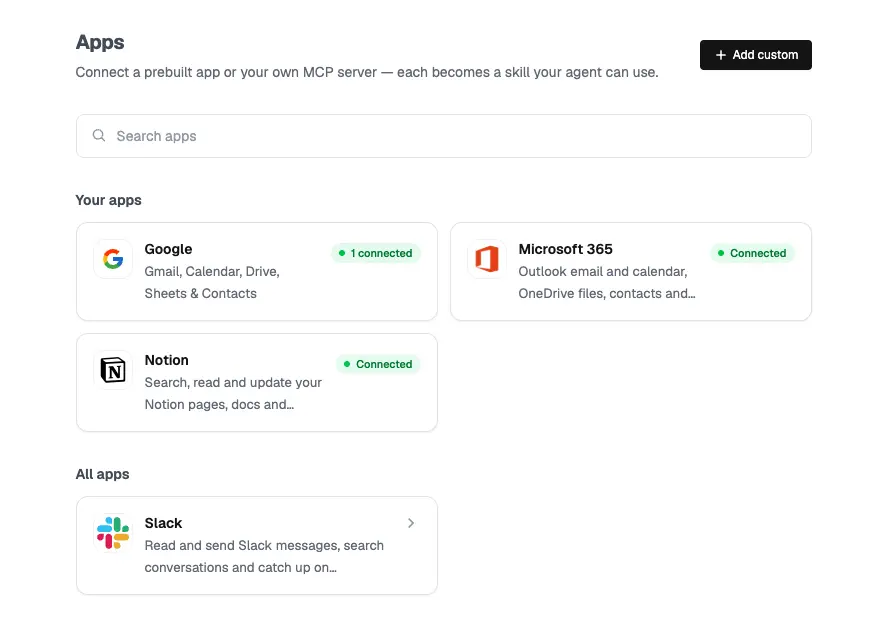 The Apps page with Google, Microsoft 365 and Notion connected