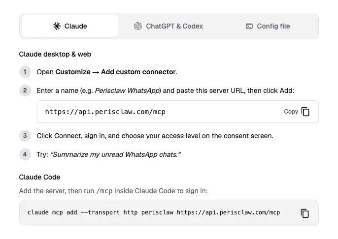 The Claude connector instructions on the MCP Server page