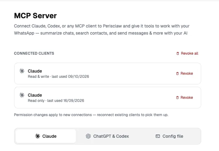 The MCP Server page showing Claude connected with read and write access